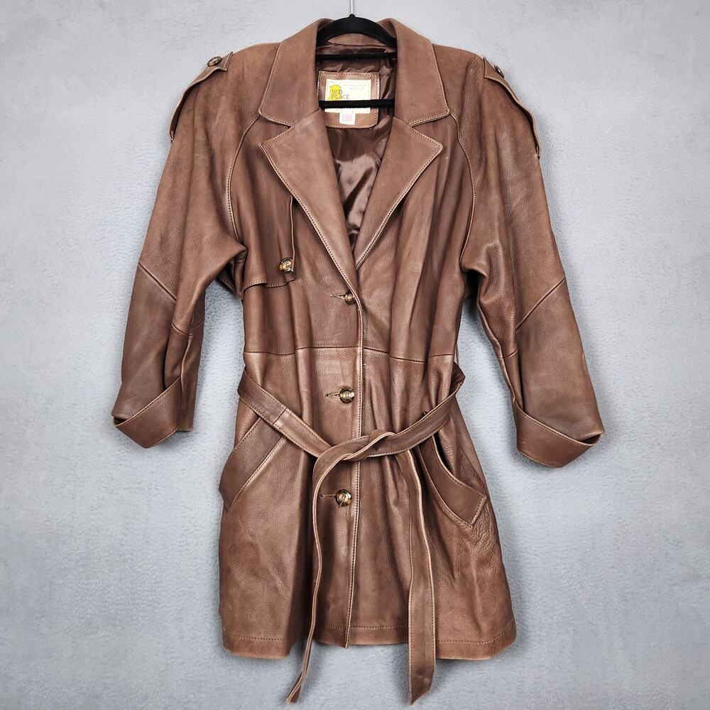 Vintage W.B. Place Leather Trench Coat Womens Small Brown Belted Made USA